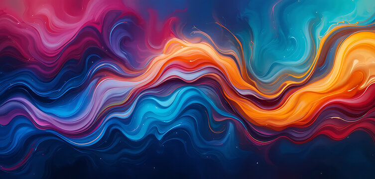 Vibrant swirling fluid dynamics in red, orange, and blue abstract background, swirling motion