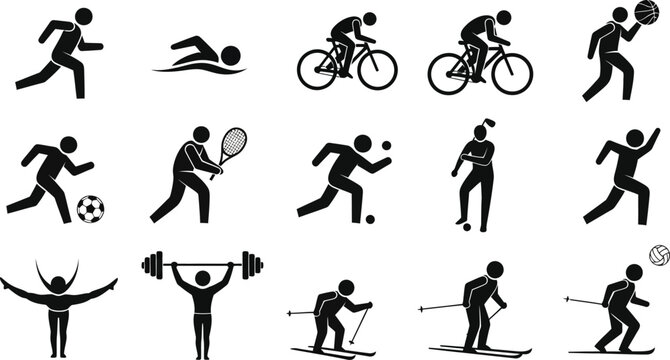 Black silhouettes of people engaging in various sports, including running, swimming, cycling, tennis, soccer, basketball, weightlifting, and skiing