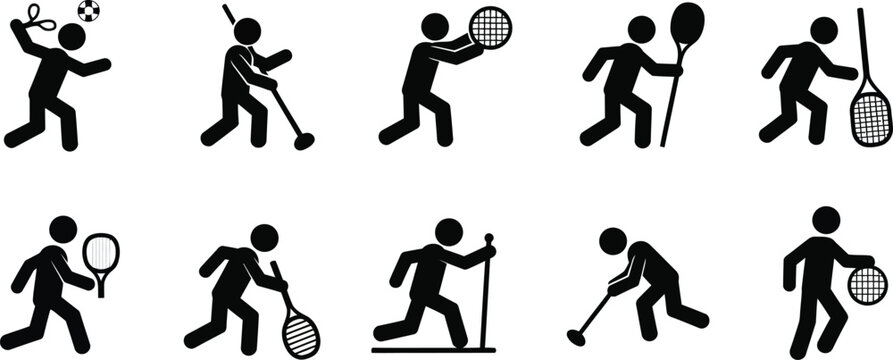 Black silhouettes of people playing various racquet sports, including tennis, squash, badminton, and paddleball