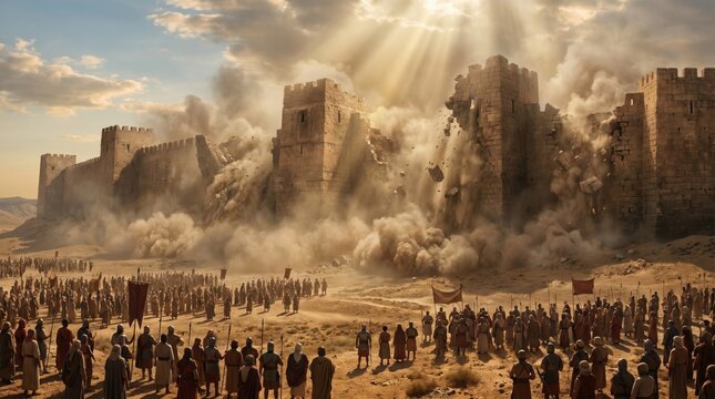 Ancient City Walls Collapsing Under Divine Power with Crowds Watching in Awe.