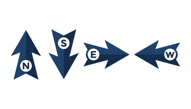 Set of blue directional arrows with cardinal directions N S E W in isometric perspective on transparent.