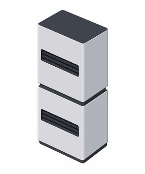 Clean isometric design of two grey industrial-style units, perfect for illustrating digital technology and data center solutions