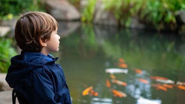 Young boy in blue jacket observing colorful koi fish in a serene pond.