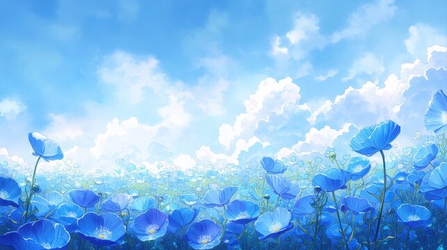 青空の下に広がるブルーポピーの丘
