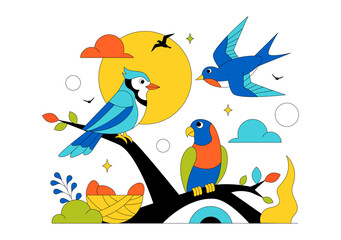 Obraz premium Colorful Tropical Bird Vector Illustration Featuring Exotic Wildlife Perched on Branches in a Natural Scene with Flat Design Style