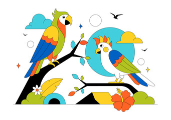 Obraz premium Colorful Tropical Bird Vector Illustration Featuring Exotic Wildlife Perched on Branches in a Natural Scene with Flat Design Style