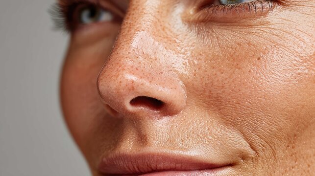 Close-up portrait of a woman with glowing skin and freckles highlighting natural beauty and confidence during daytime
