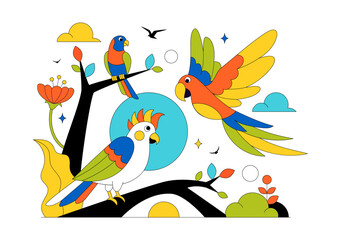 Obraz premium Colorful Tropical Bird Vector Illustration Featuring Exotic Wildlife Perched on Branches in a Natural Scene with Flat Design Style