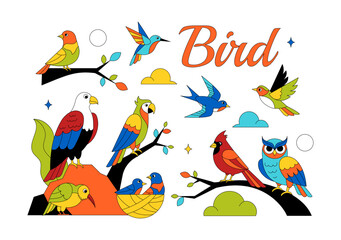 Obraz premium Colorful Tropical Bird Vector Illustration Featuring Exotic Wildlife Perched on Branches in a Natural Scene with Flat Design Style