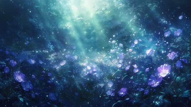 暗い森の中に差し込む光と青い花々