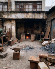 Obraz premium Forged iron, smoke, and dust fill this rustic forge. Stone anvils and tools lie scattered, worn by time. Embers glow, warm in the old, cracked chamber. Dirt, ash, and debris surround the working space
