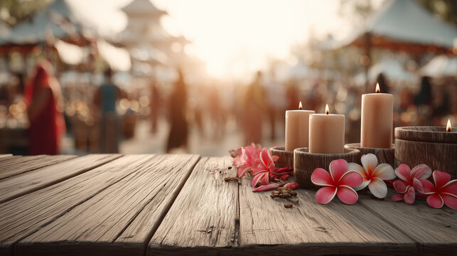 Kahimoan Abayan festival decorations adorn a wooden table with pink flowers, candles, and market stalls in the background at sunset.