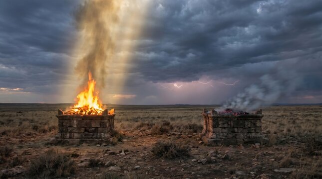 Dramatic scene with fire burning brightly and smoke rising under a stormy sky.