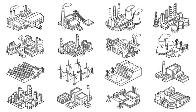Collection of industrial power plant buildings and energy sources isometric vector graphics transparent.