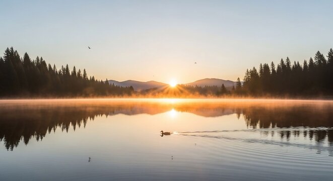 Sunrise over lake with trees and reflection
