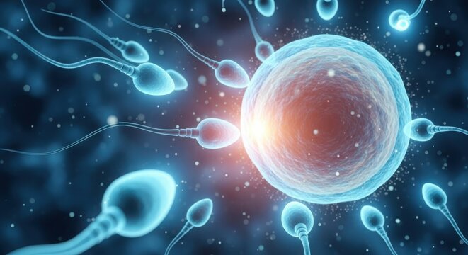 Illuminated ovum surrounded by sperm cells in space