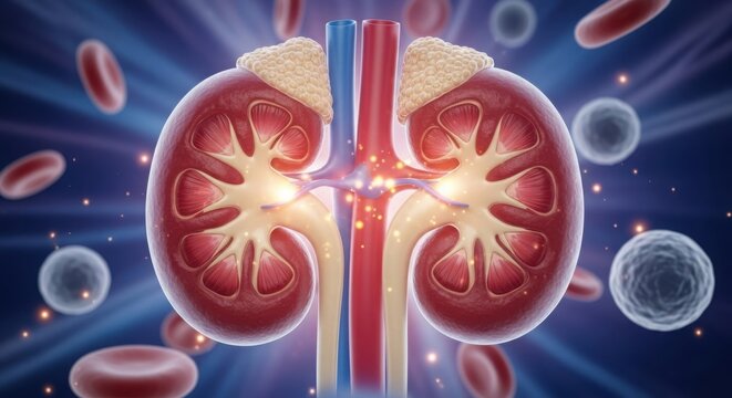 Detailed illustration of human kidneys with blood flow