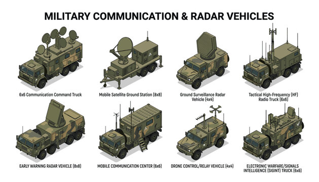 Military communication radar vehicles isometric vector transparent background png illustration.