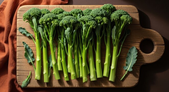 Fresh green broccolini stalks arranged on a rustic wooden cutting board