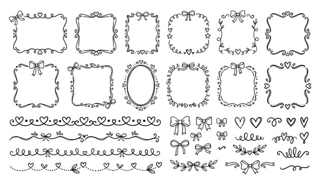 Decorative hand drawn frames borders bows and ornaments for design on transparent background vector.