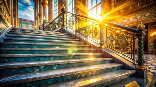 A photo of a grand palace staircase with sunlight streaming through intricate glass railings, reflecting off polished marble steps leading to a majest