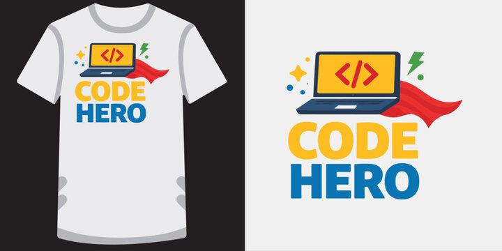 Code hero typography tshirt design featuring laptop and red superhero cape illustration.