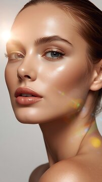 young woman with flawless skin and glossy makeup close-up portrait in soft lighting