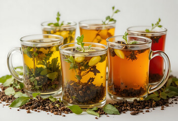 Fototapeta premium Assorted herbal teas in glass jars with fresh mint and dried ingredients on wooden surface fresh mint leaves