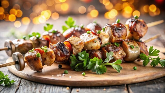A photo of a perfectly grilled shish kebab with fresh mushrooms atop, set against a stark white background