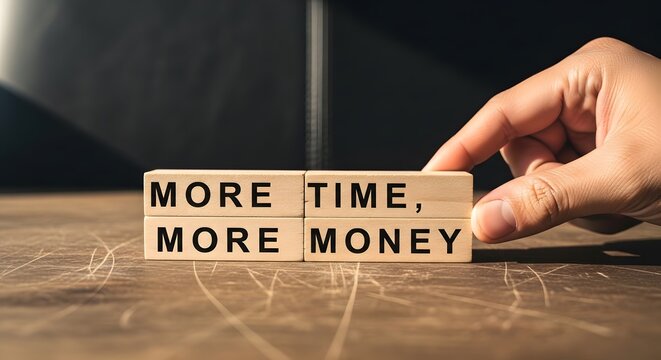 Hand arranging wooden blocks with the phrase more time more money on a scratched wooden surface