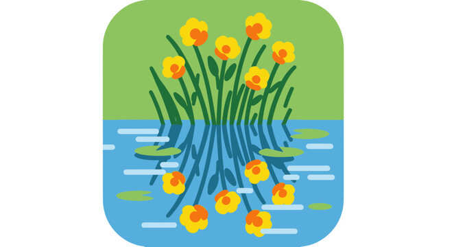 Stylized Yellow Water Lilies Reflection in Blue Pond Water