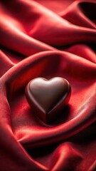 Fototapeta premium A photo of a heartshaped chocolate on a velvet red cloth with romantic music playing in the background