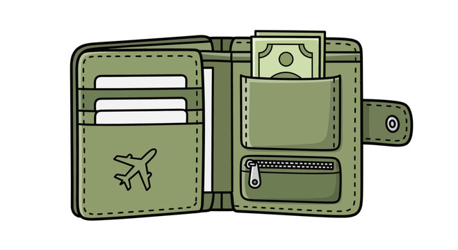 Open wallet with cash, credit cards, and airplane symbol