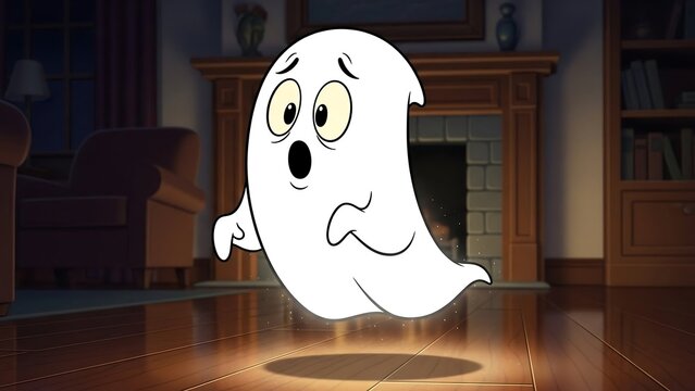 Cartoon ghost character in living room.