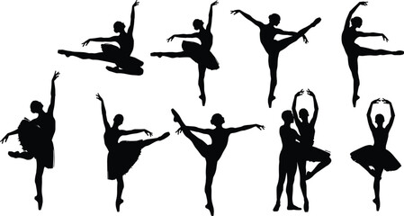 Ballet dancer silhouettes set featuring graceful poses, jumps, spins and partner movements isolated for dance performance and artistic design © Meri999