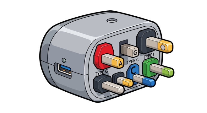 Universal travel adapter with USB port and multiple plug types