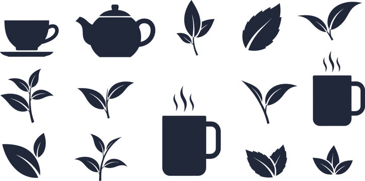 Dark blue tea including cups, teapot, and leaves on white background, tea cup coffee cup