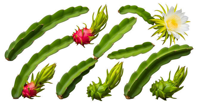 Dragon Fruit Plant Elements With Buds Fruit And Flower on Transparent Background