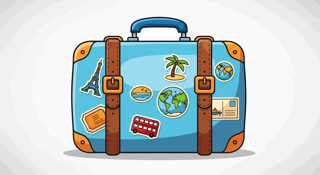 Vintage blue suitcase covered in travel stickers, ready for adventure