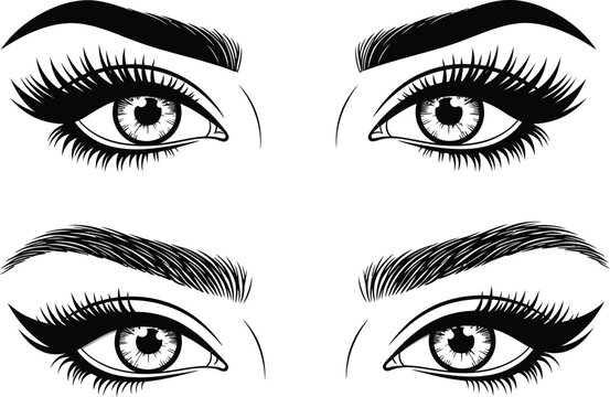 Four different eyelid and eyebrow makeup styles, of eyes eye makeup eyelids eyebrows black and white