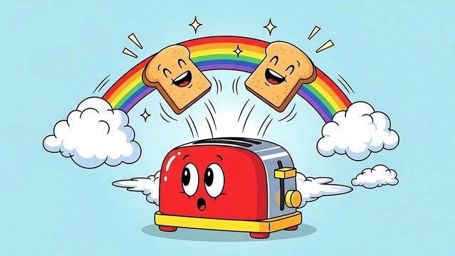 cartoon toaster with rainbow toast.