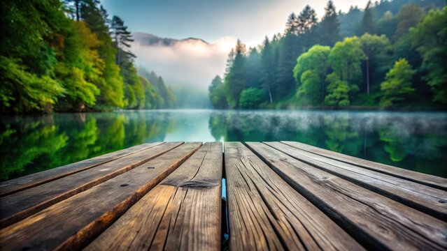 A photo of weathered wooden planks extending across a serene lake, overlooking lush forest with a misty backdrop