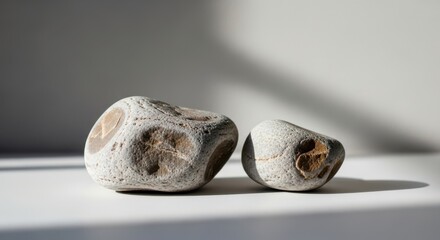 Obraz premium Two natural river stones with unique textures and brown markings placed on a clean white surface