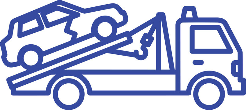Blue outline tow truck carrying damaged car isolated on transparent background vehicle transport icon.