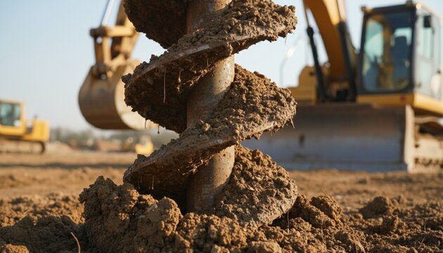 Screw pile being drilled into wet soil for foundation. Heavy equipment operates on construction site. Earthwork process for building support. Construction / heavy engineering / foundation work