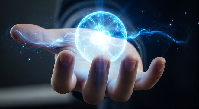A human hand supports a glowing spherical energy orb with swirling electric currents and blue light filaments against a dark blurred background.
