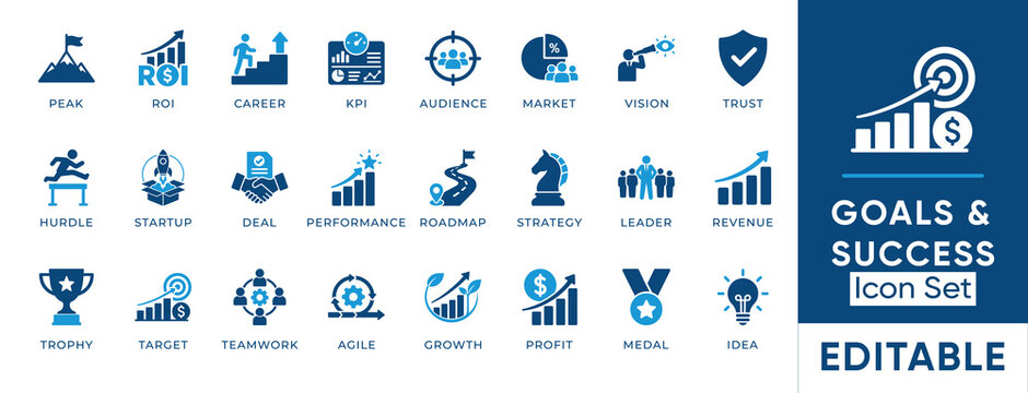 Goals and success solid icon set. Contains symbols for ROI, Strategy, Target, and Roadmap. Flat vector design for business growth and corporate achievements.