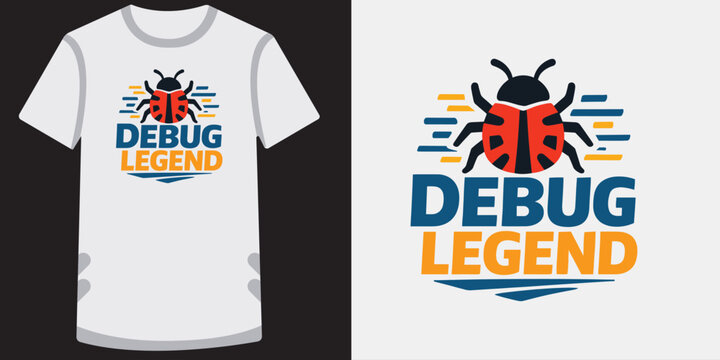 A debug legend t-shirt design with a cute ladybug graphic and modern typography.