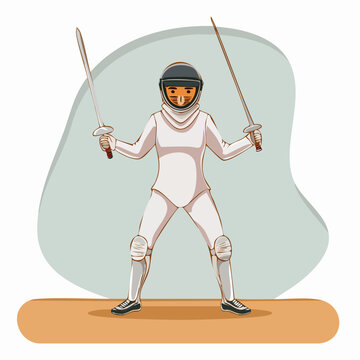 Fencer in protective gear holding two swords