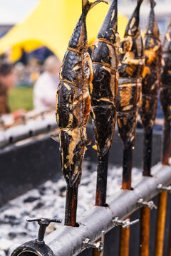 Cook turning fish on a traditional rotisserie grill over charcoal. Street food chef grilling seafood outdoors. Process of preparing roasted fish for meal time.